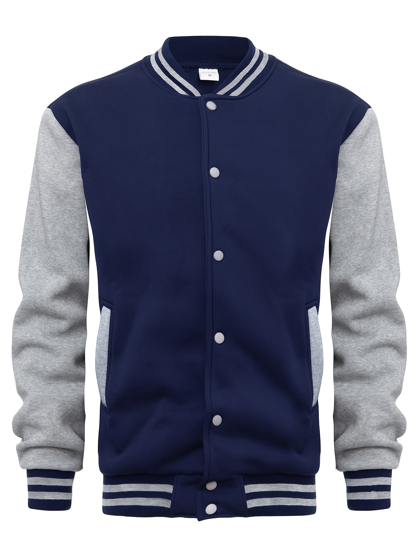 mens varsity style contrast color long sleeve and button down baseball jacket with stand collar and pockets chic and casual sports jacket for spring and autumn outdoors activities details 26