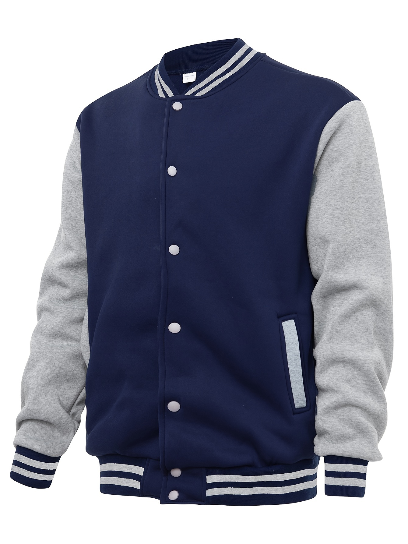 mens varsity style contrast color long sleeve and button down baseball jacket with stand collar and pockets chic and casual sports jacket for spring and autumn outdoors activities details 27