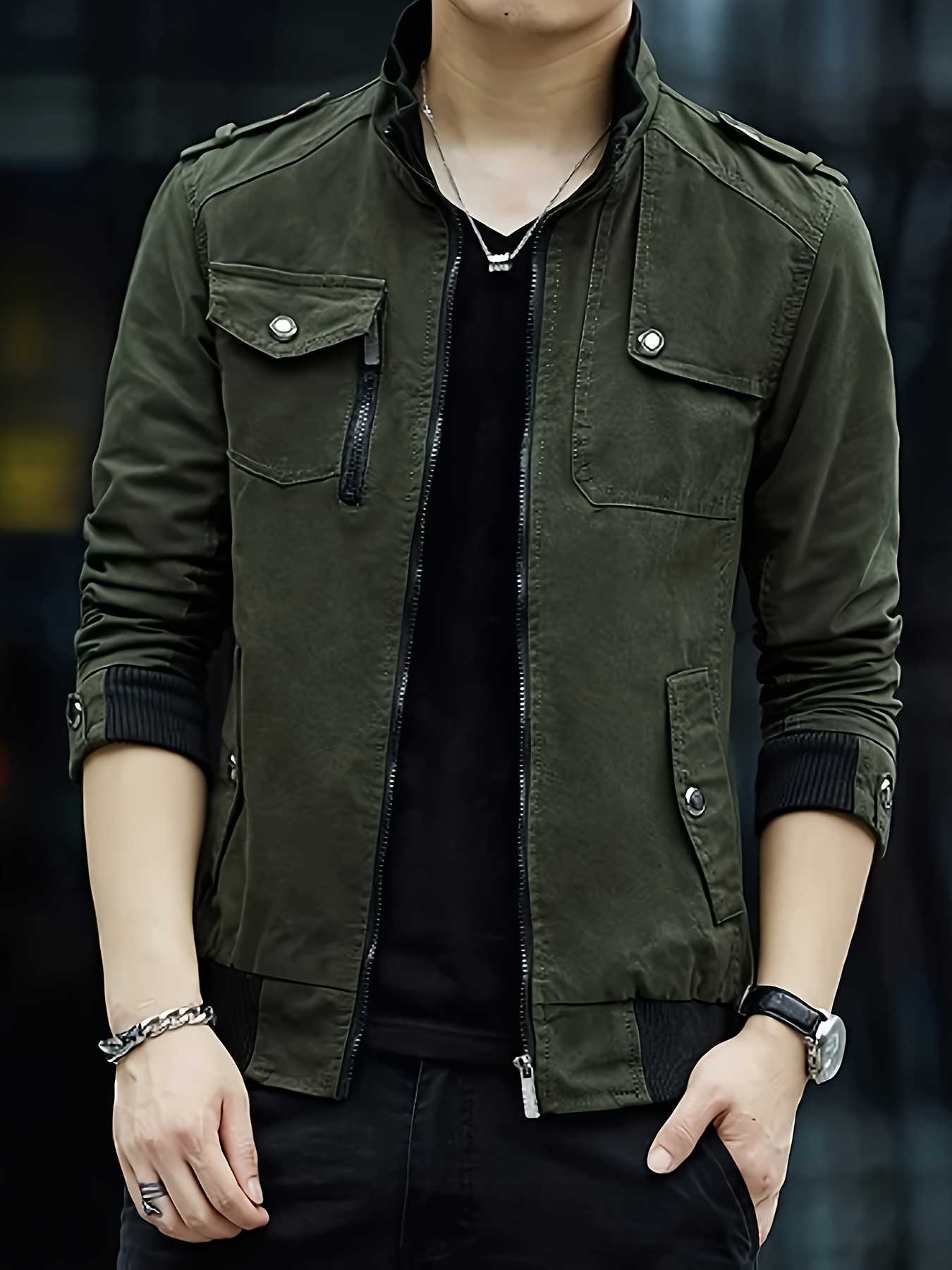 100 cotton mens solid stand collar zip up denim jackets with multiple pockets design for outdoor casual daily wear spring and fall details 0