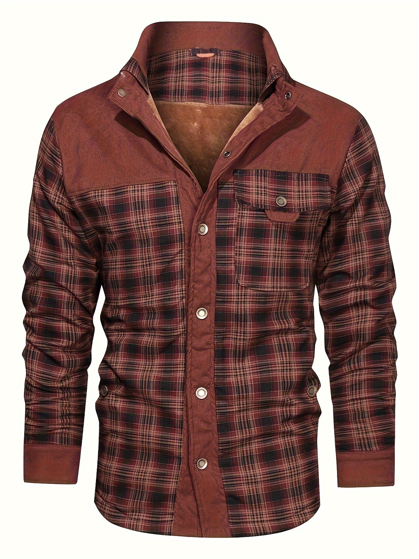 mens casual retro plaid fleece lined shirt coat for fall winter details 0