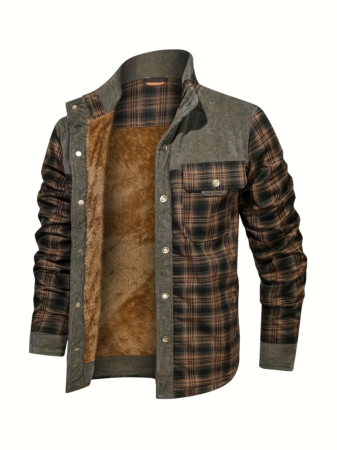mens casual retro plaid fleece lined shirt coat for fall winter details 2