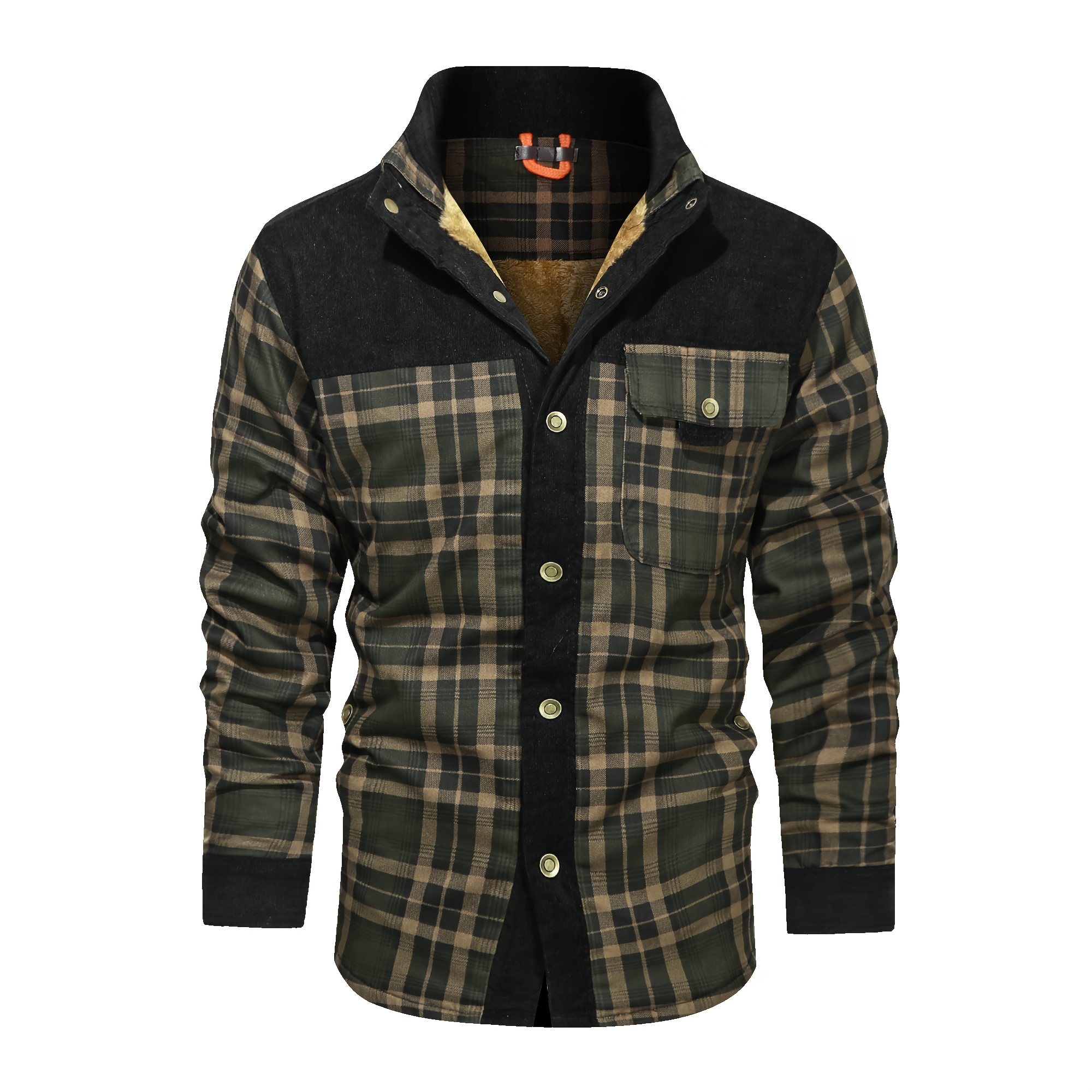 mens casual retro plaid fleece lined shirt coat for fall winter details 4