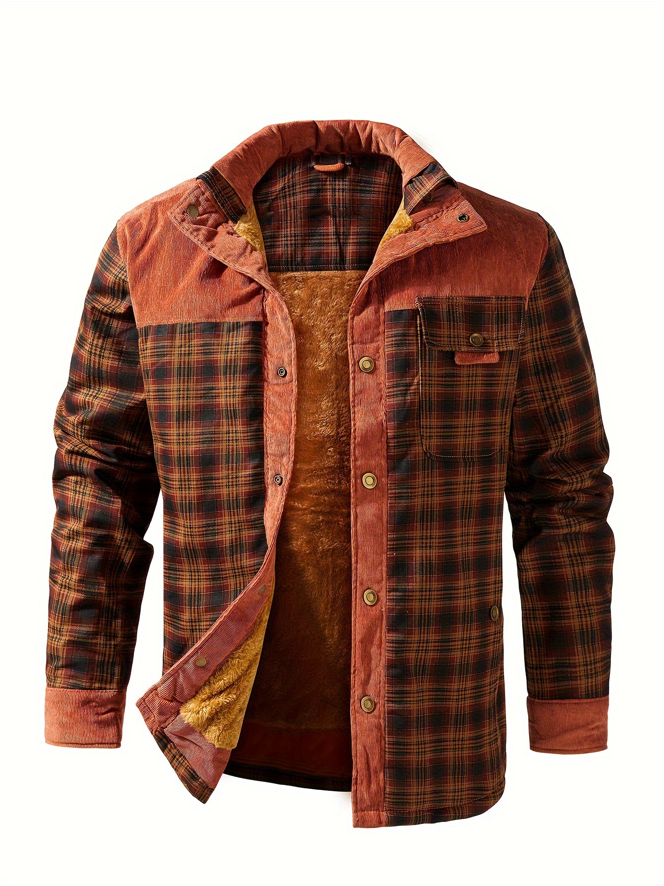 mens casual retro plaid fleece lined shirt coat for fall winter details 8
