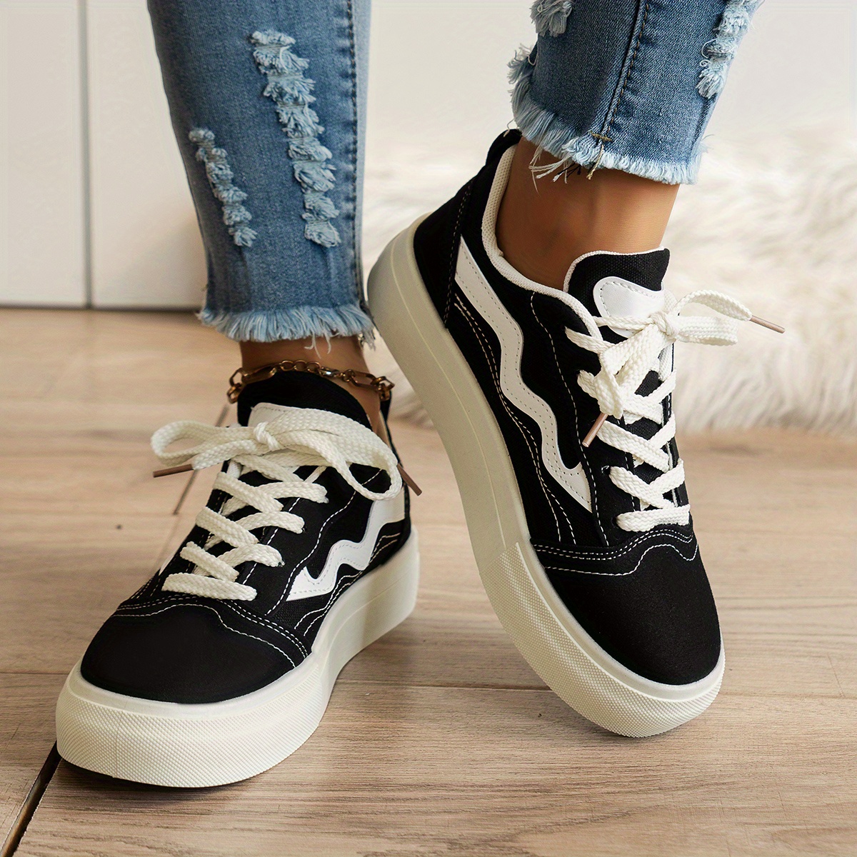 womens platform canvas shoes casual lace up low top platform sneakers all match skate shoes details 2
