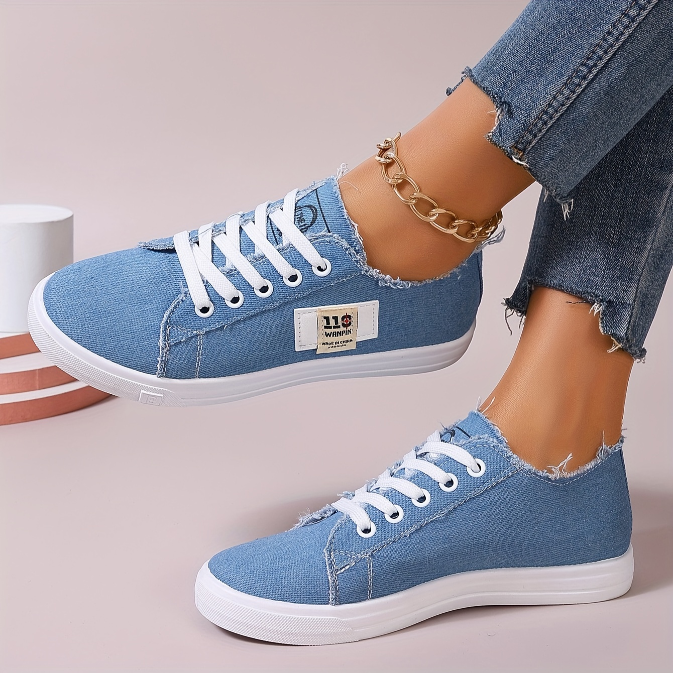 denim flat sneakers women s casual lace low top skate shoes details 0