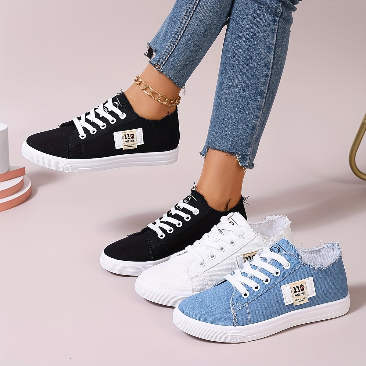denim flat sneakers women s casual lace low top skate shoes details 2