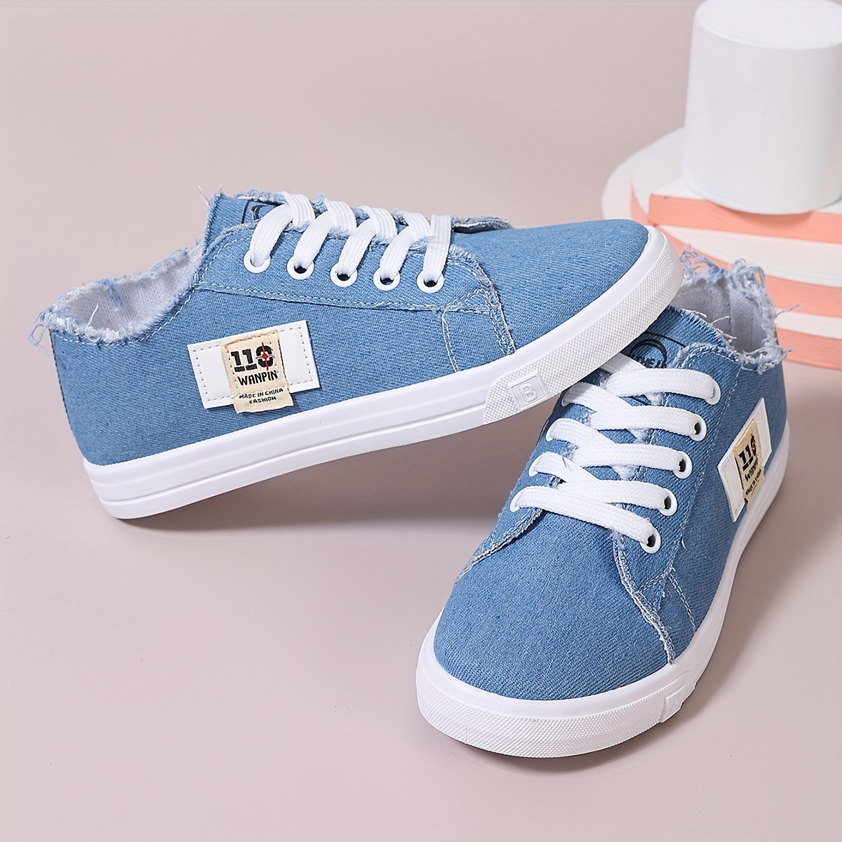 denim flat sneakers women s casual lace low top skate shoes details 4