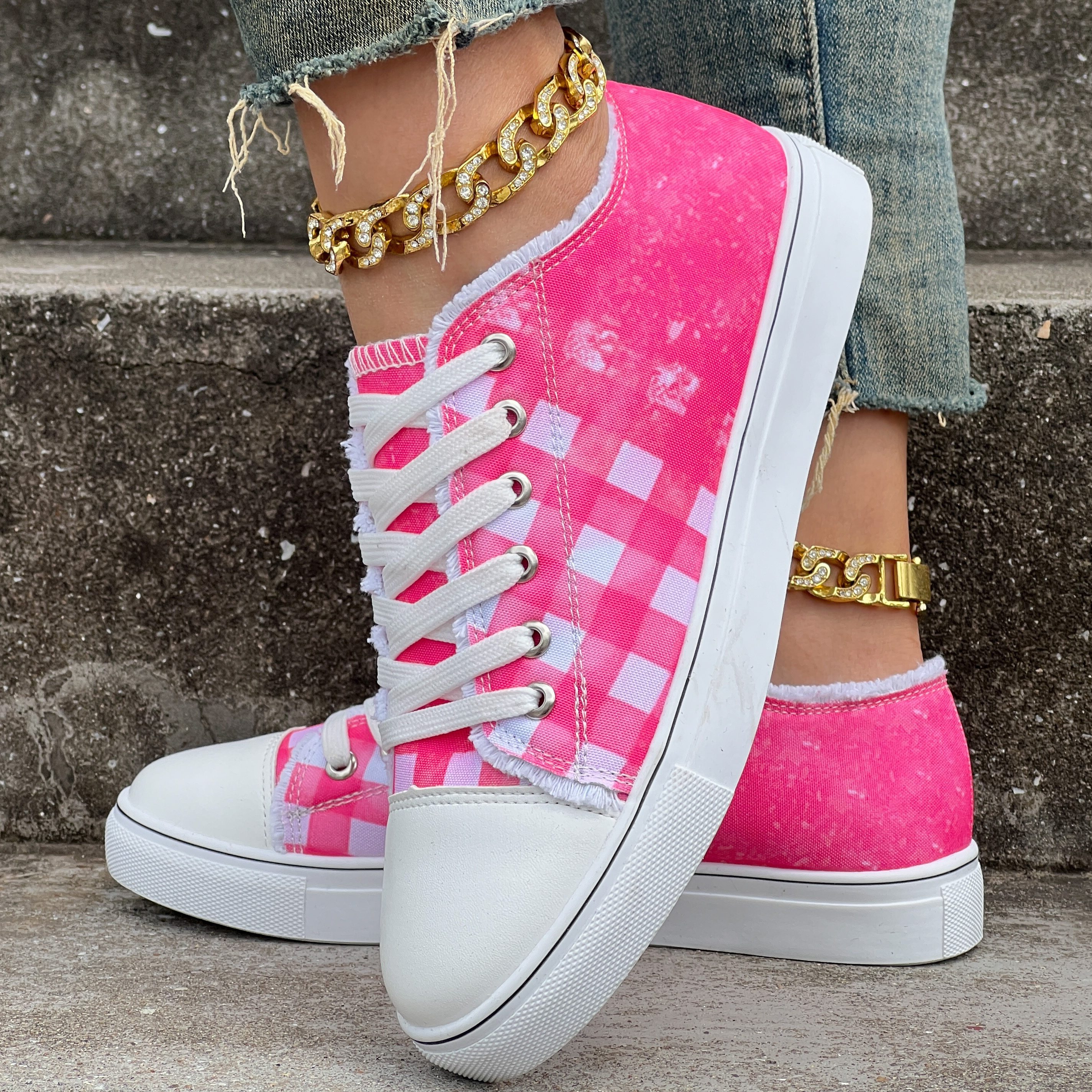 plaid pattern canvas shoes women s lace comfy flat details 8