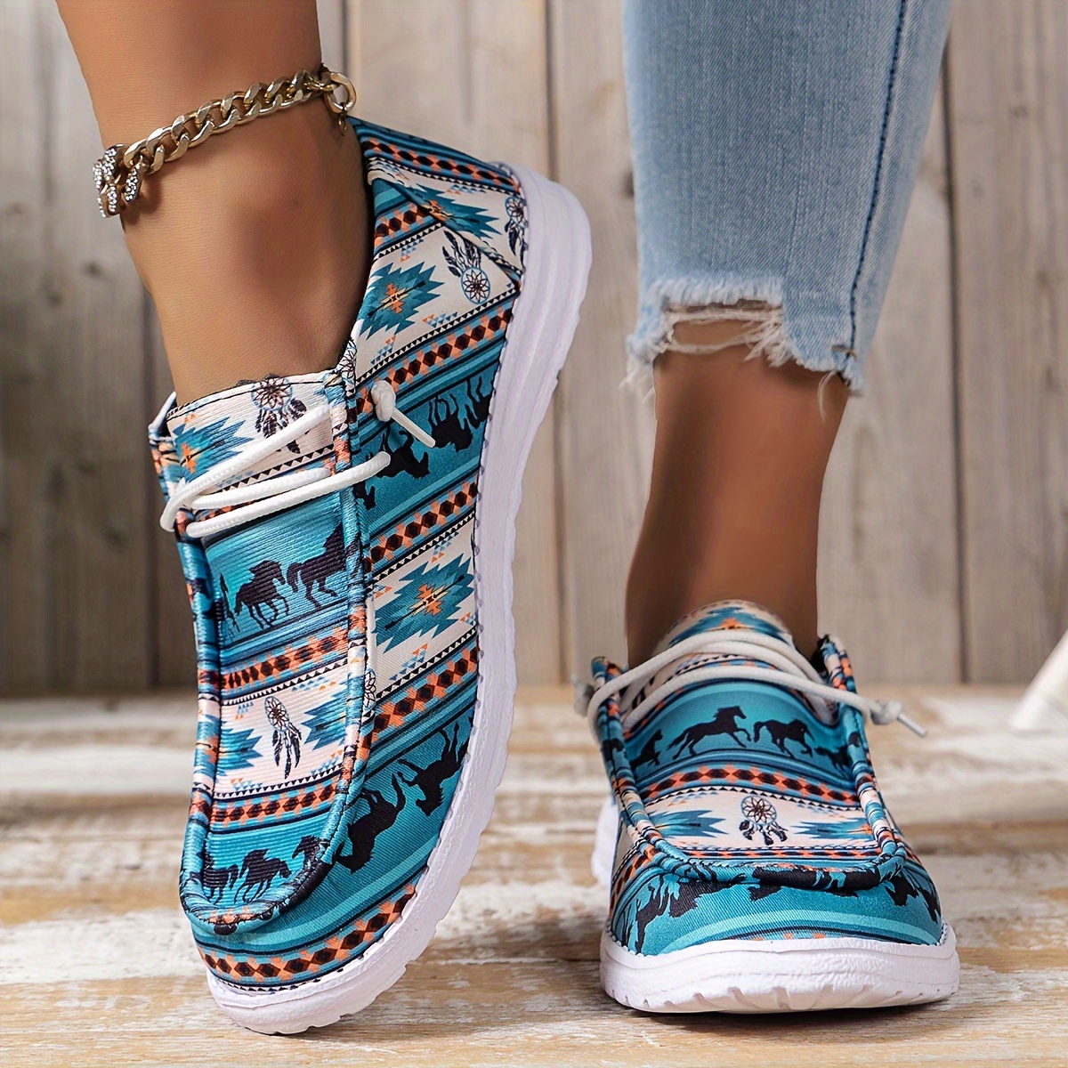 horse print canvas shoes women s casual lace outdoor shoes details 2