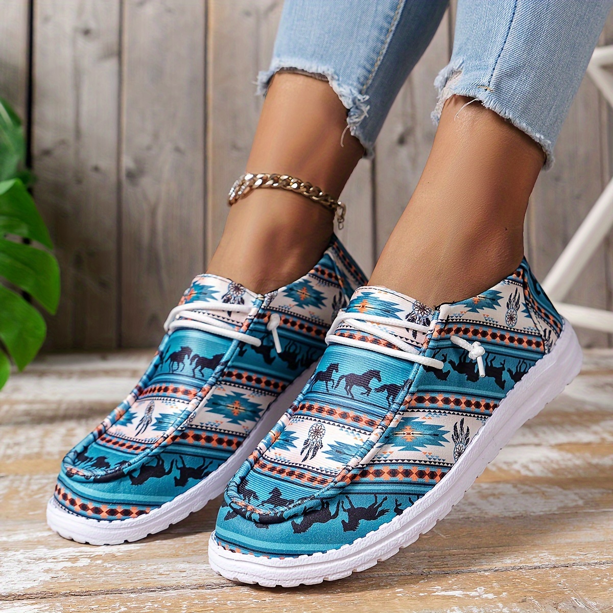 horse print canvas shoes women s casual lace outdoor shoes details 3