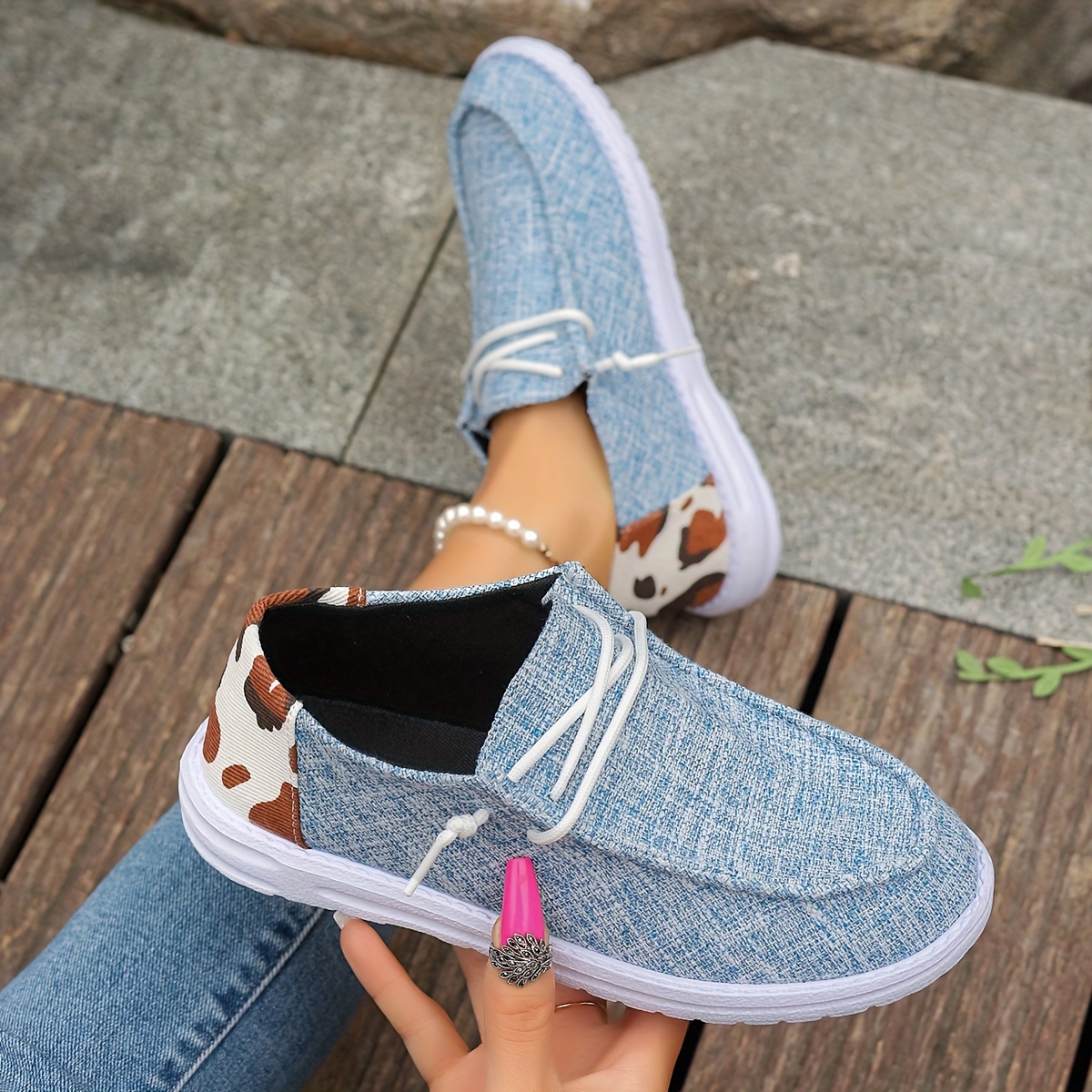 cow print canvas shoes women s casual round toe low top flat details 1