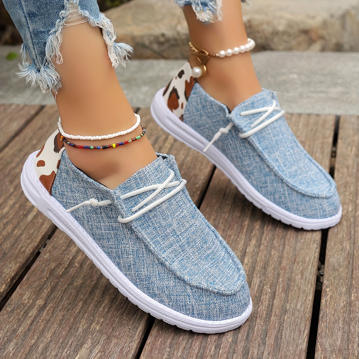 cow print canvas shoes women s casual round toe low top flat details 2