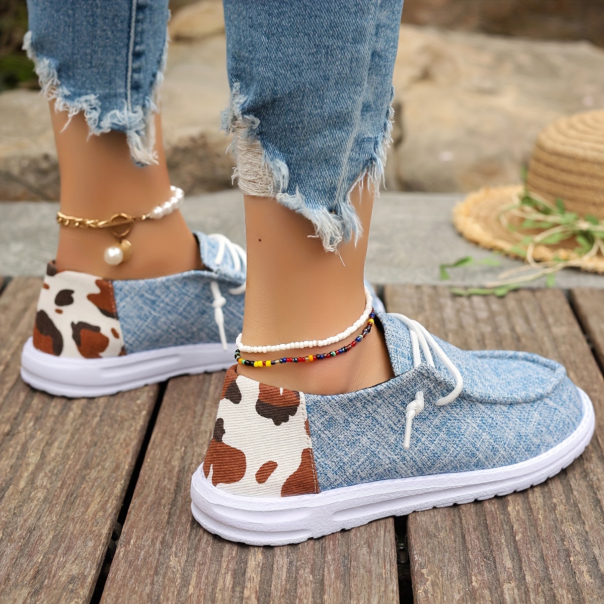 cow print canvas shoes women s casual round toe low top flat details 4