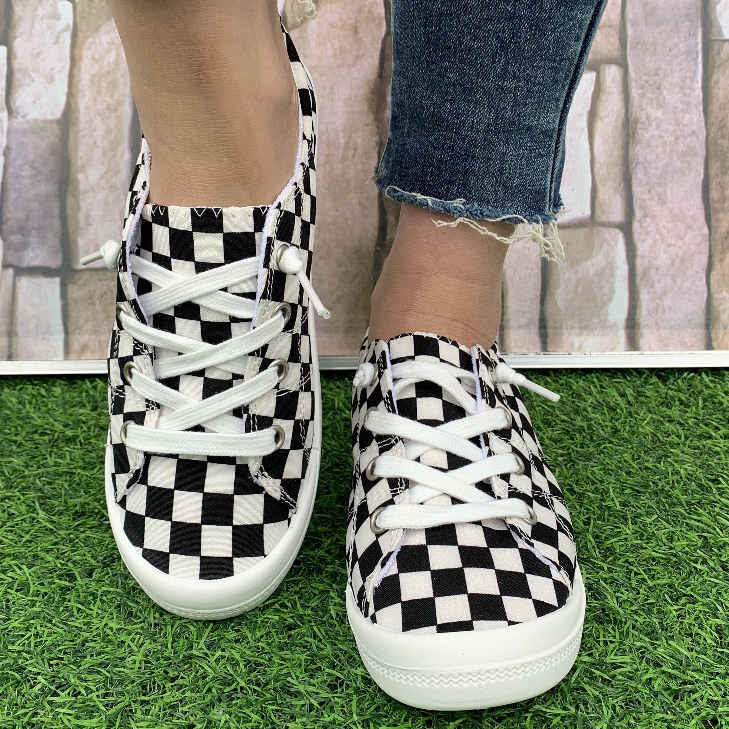 checkerboard pattern canvas shoes women s casual lace details 0