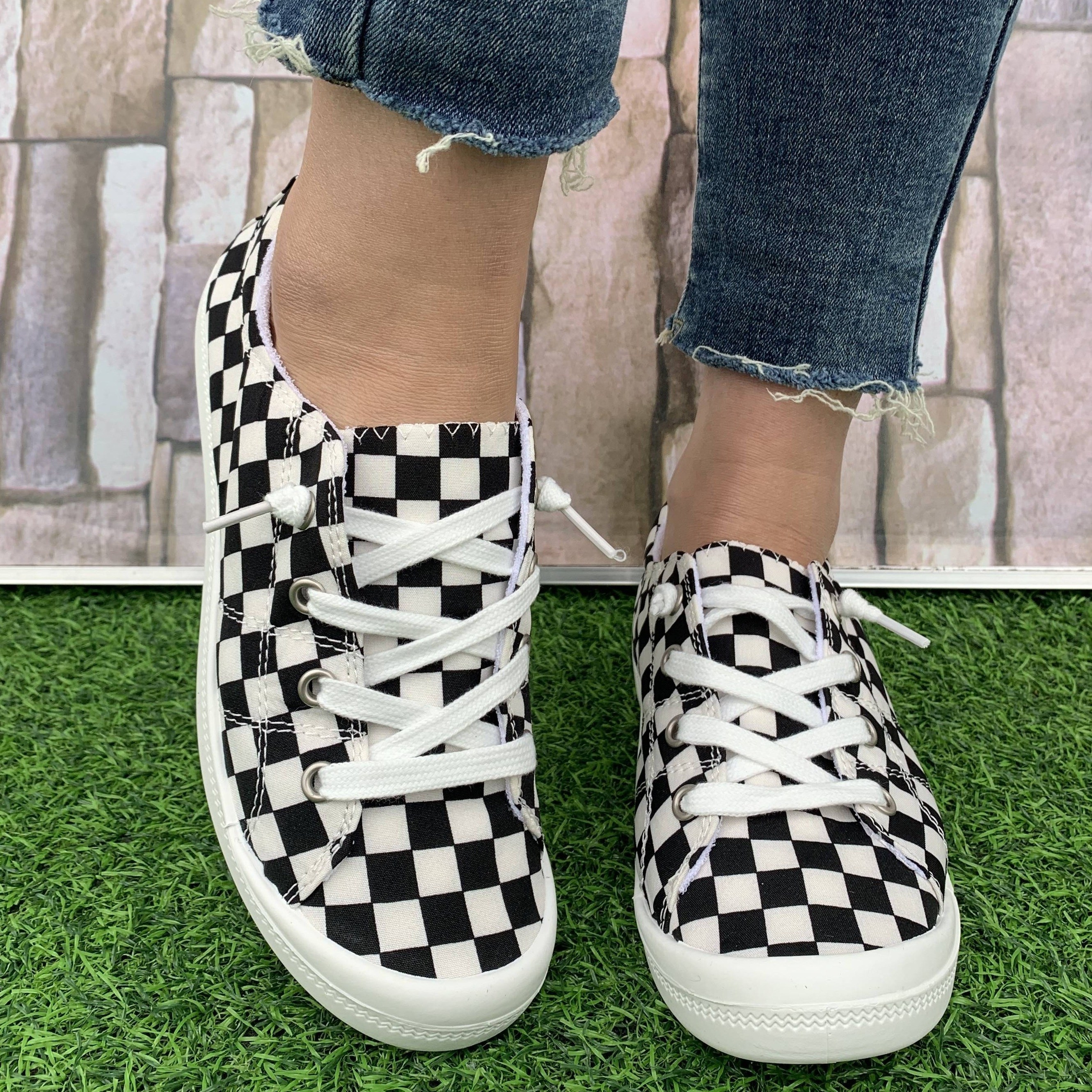 checkerboard pattern canvas shoes women s casual lace details 1