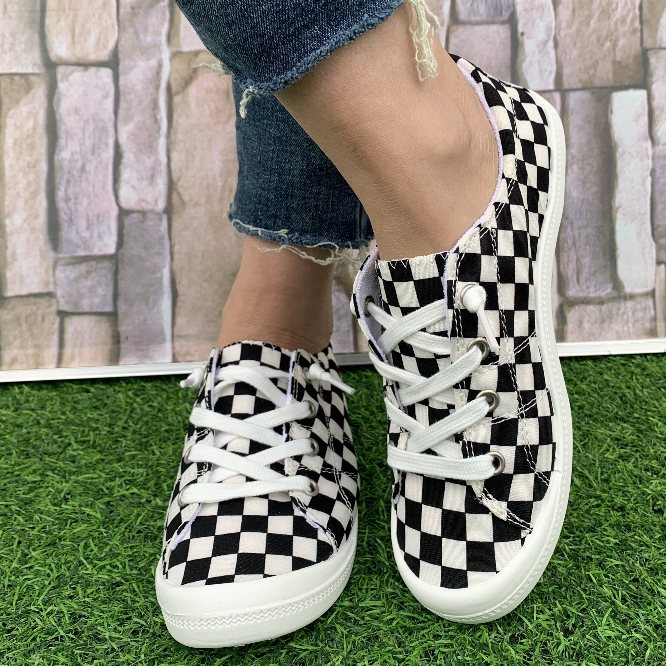 checkerboard pattern canvas shoes women s casual lace details 3