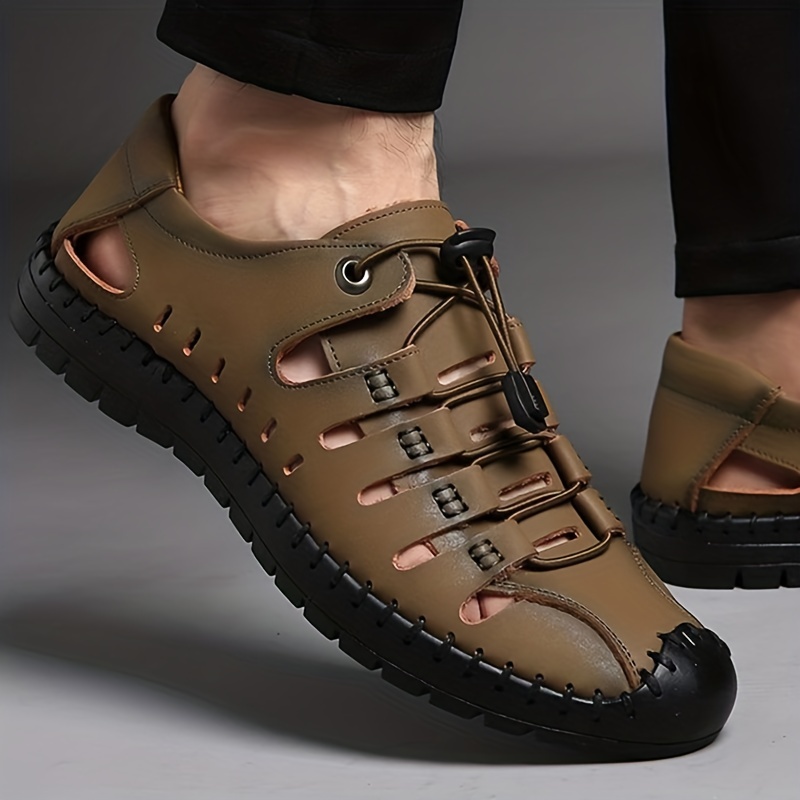 mens leather sneaker durable non slip outdoor walking shoes with adjustable no tie lace spring and summer details 3