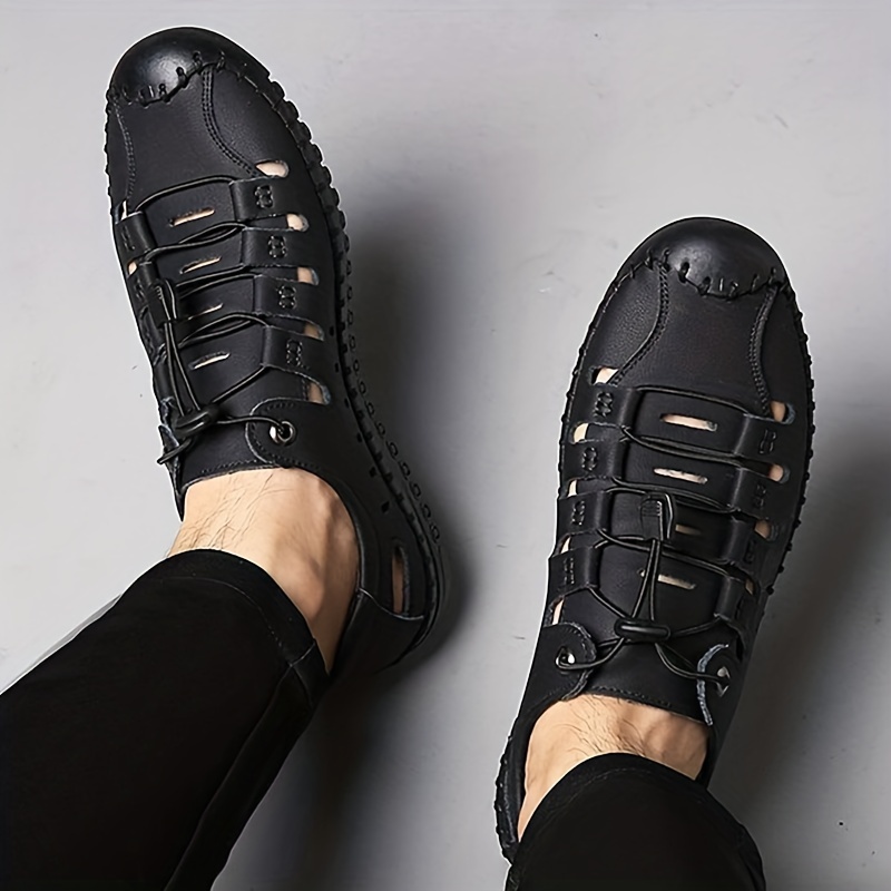 mens leather sneaker durable non slip outdoor walking shoes with adjustable no tie lace spring and summer details 4